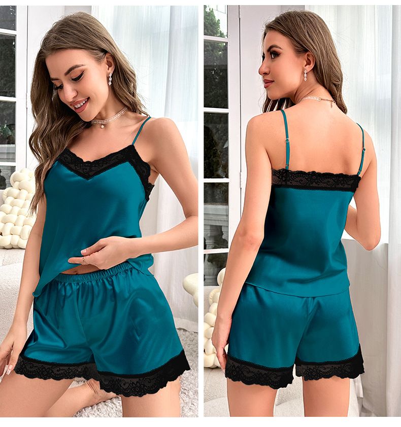 Women's Sleepwears Home Clothes Satin Lace Camisole Pajamas Women's Summer Shorts Suit_voghion.com