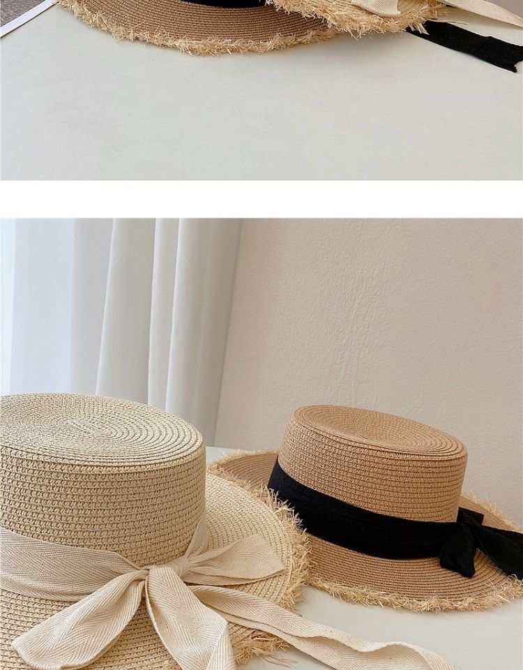 Allsidig strå med pelsbrem for kvinners sommerutflukter, solhatt med flat topp, liten, frisk sløyfelignende strandhatt_voghion.com