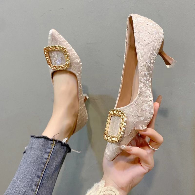 Zapatos de trabajo de tacón alto con hebilla cuadrada y punta cuadrada ligeros para mujer, zapatos de mujer de color negro con punta puntiaguda, zapatos sencillos de otoño nuevos_voghion.com