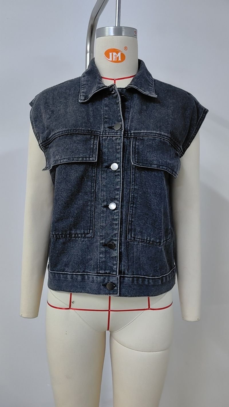 Damenbekleidung New Style Washed One Row Denim Weste Weste Trend_voghion.com