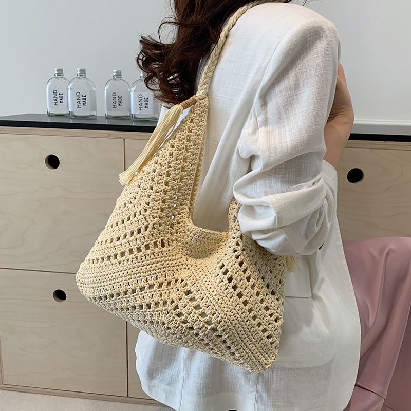 Bolsa de ombro única de palha trançada com cordão e bolso interno, estilo artístico, feita à mão em crochê, estilo praia, férias_voghion.com