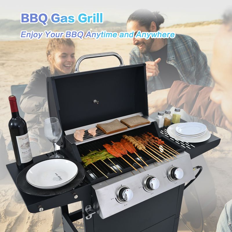 Propane Gas Grill 3 Burner Barbecue Grill, Stainless Steel 26,000 BTU Patio Garden Barbecue Grill With Two Shelves, Lid, Wheels And Bottle Opener_voghion.com