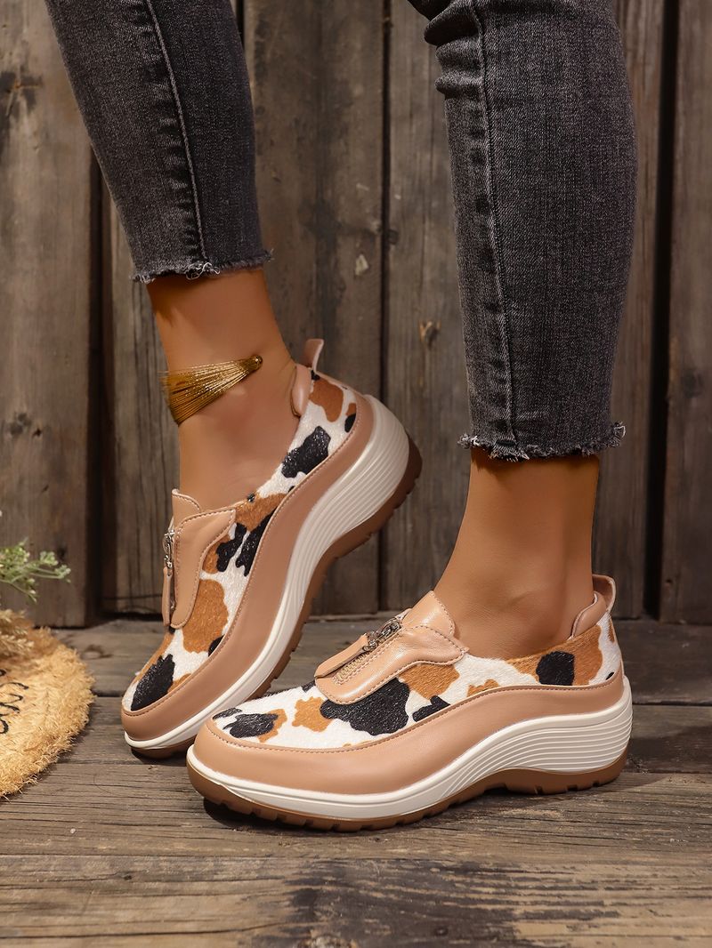 Damenschuhe große Freizeitschuhe farblich passende Leopardenmuster Keilabsatz dicke Sohle runde Zehen Slip-On-Schuhe_voghion.com