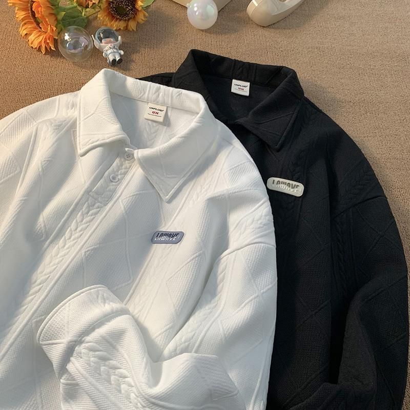 Retro polo collar sweatshirt men's autumn and winter new style loose college style lapel jacket_voghion.com