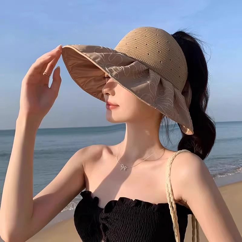 Cappello da sole da donna con protezione UV, per le vacanze al mare, con possibilità di annodare la coda di cavallo, cappello a cilindro vuoto, versatile cappello da sole con tesa larga_voghion.com