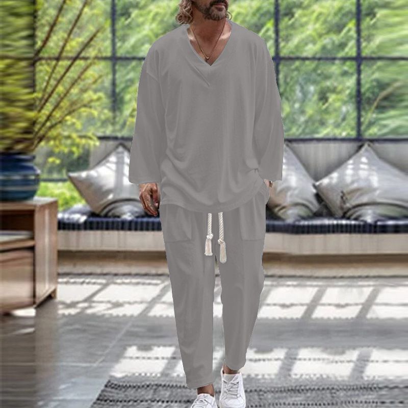 2024 Frühling und Herbst Herren V-Ausschnitt Shirt Casual Loose Langarm Hose Strand Set_voghion.com