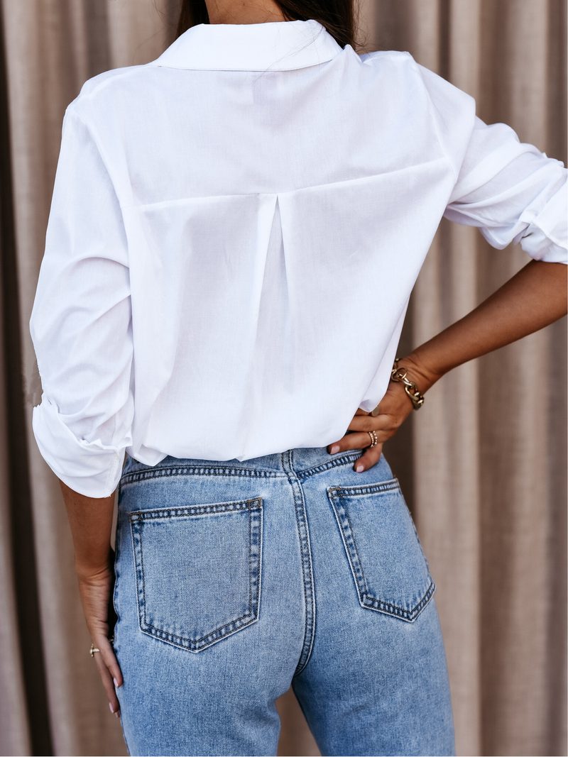 Camicia abbottonata semplice con scollo a V a maniche lunghe autunnale da donna_voghion.com