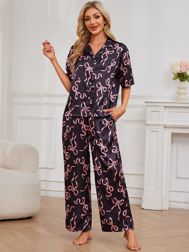 Pigiama di lusso in raso con camicia a maniche corte e pantaloni da donna - Abbigliamento da casa traspirante per primavera estate autunno_voghion.com