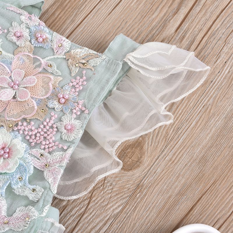 Barboteuse pour bébé fille, en dentelle délicate et perles, en coton respirant, sans manches (70-100 cm, rose/bleu clair)_voghion.com