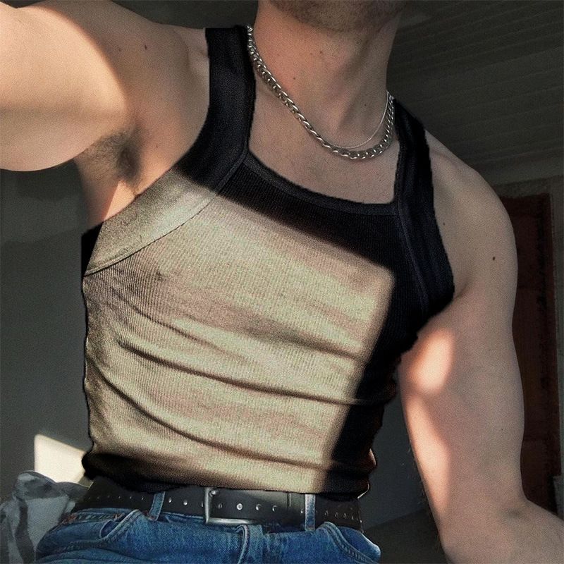 Abbigliamento maschile, moda maschile, senza maniche, colletto quadrato, cuciture a forma di I, gilet pesante, monospalla, bretelle da uomo._voghion.com