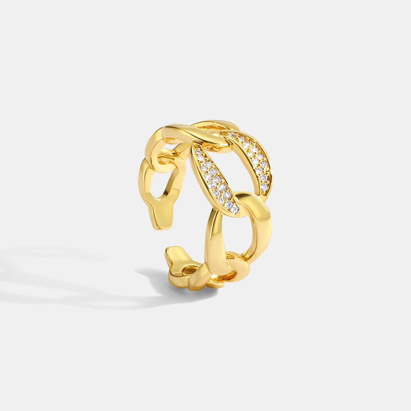 R0087 Niche Metal Style, anello a catena cubana aperta con diamanti intarsiati, per donna, placcato in rame e oro vero, con zircone_voghion.com