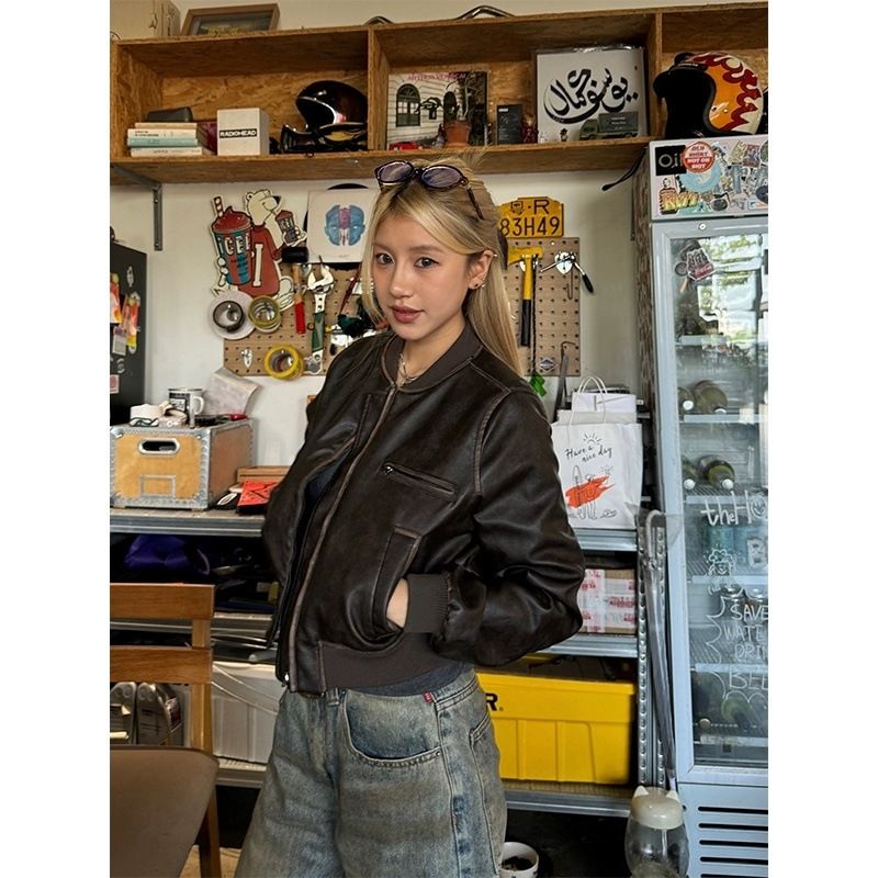 Veste de moto courte en cuir américain vintage fabriquée à la main pour femme, nouveau manteau Melad à manches longues, haut polyvalent_voghion.com