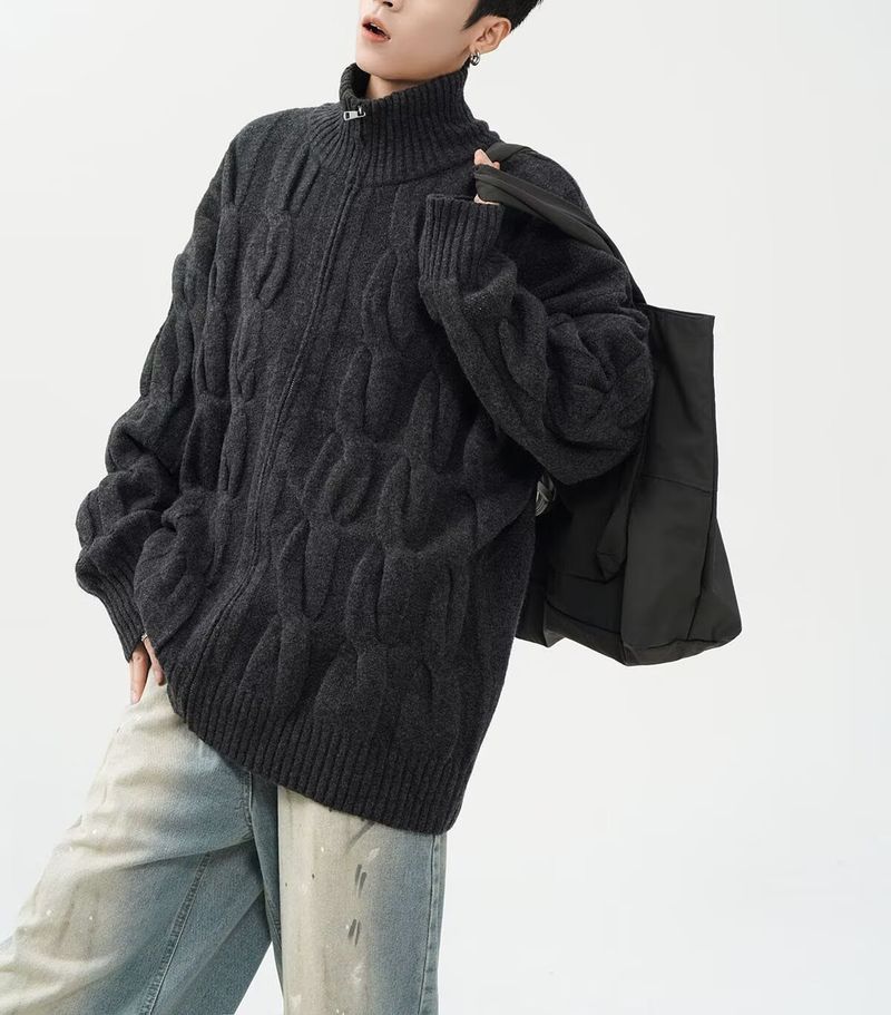 Maglione semi-dolcevita da uomo - Cardigan oversize in maglia a trecce con tessuto elasticizzato traspirante, abbigliamento unisex per l'autunno (nero/kaki/blu)_voghion.com