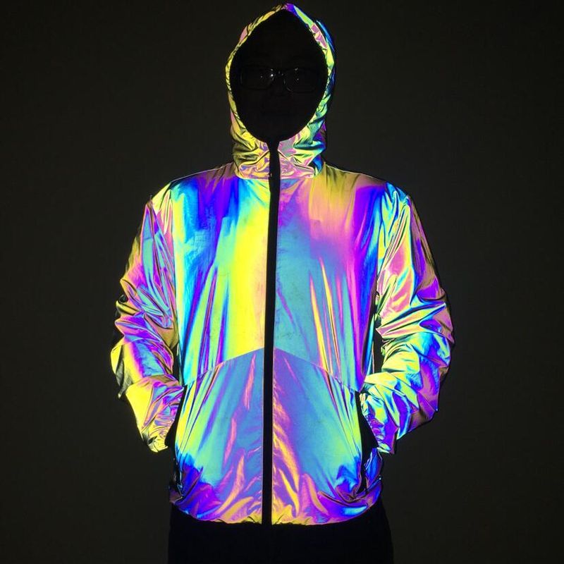 Men's Clothing rainbow color reflective jacket fashion large size colorful luminous jacket unisex_voghion.com