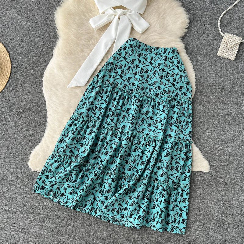 Dameklær Sexy hot girl retro fritidsdress kvinners kort firkantet halsrem topp + høy midje stort swing skjørt todelt dress_voghion.com