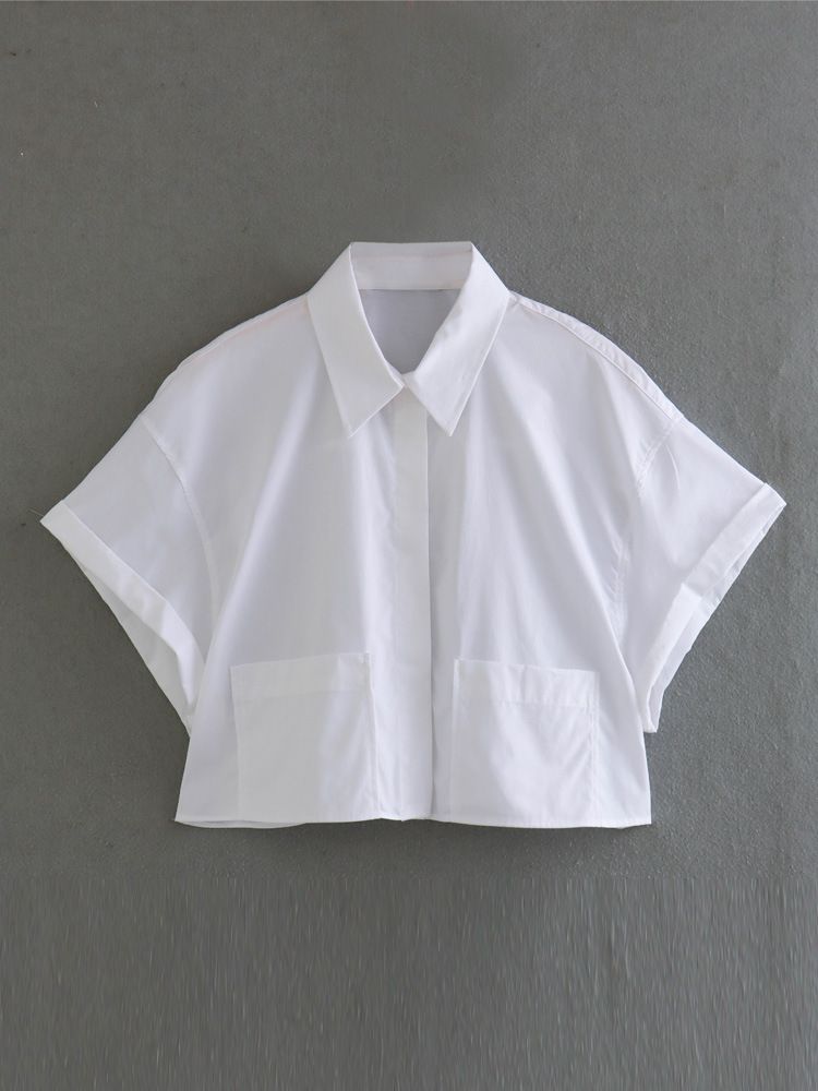Camicia estiva in popeline con decorazione a tasca corta e larga in stile europeo e americano_voghion.com