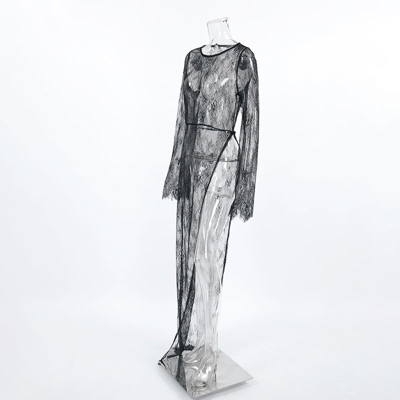 Damenbekleidung Sexy schwarzes durchsichtiges Kleid mit Spitze, Rundhalsausschnitt, langen Ärmeln und Schlitz, asymmetrisches Kleid, langes Kleid für den Sommer_voghion.com