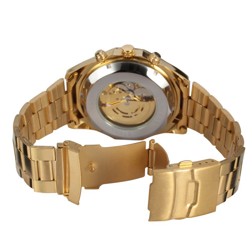 Forsining 340 Men's Automatic Mechanical Watch With Golden Stainless Steel Band, Chronograph & World Time Function, 46mm Round Case_voghion.com