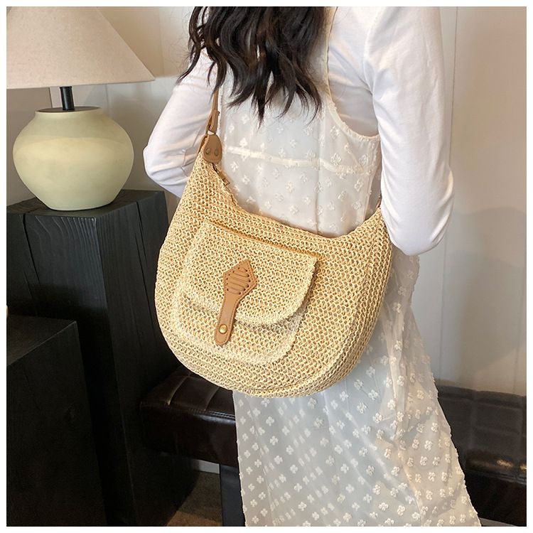 Straw Bag Woven Bag Casual Holiday Wind Straw Bag Women's Single Shoulder Underarm Saddle Bag Large Capacity Beach Bag_voghion.com