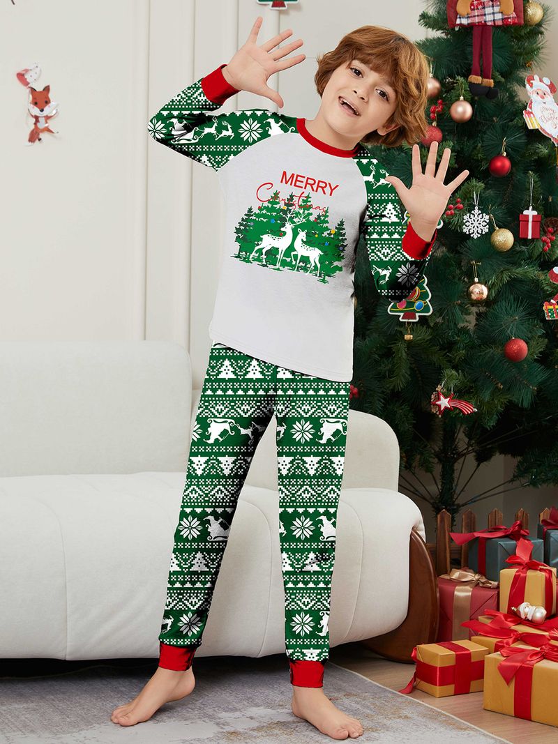 Festliches Weihnachts-Pyjama-Set für die ganze Familie – weiche, grüne Nachtwäsche mit Baum- und Buchstabendruck für Erwachsene, Kinder und Haustiere_voghion.com