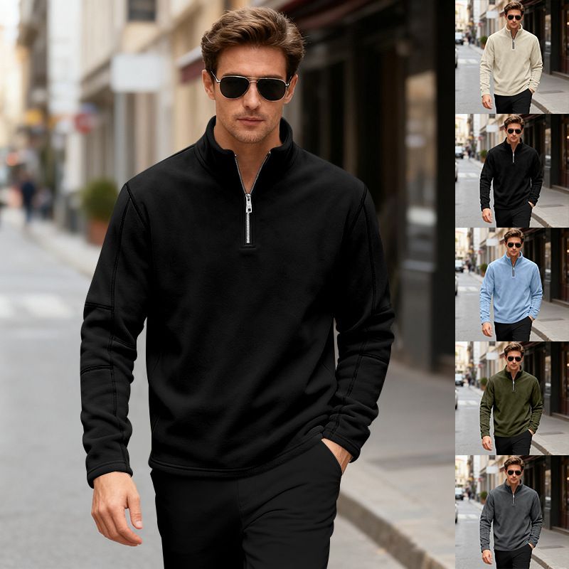 Felpa da uomo con mezza zip e collo alto – Pile spesso, vestibilità ampia per autunno e inverno_voghion.com