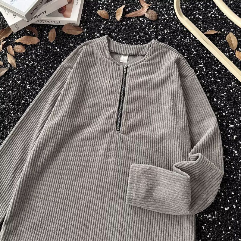 Rugged Half-Zip Corduroy Henley Shirt – Men's Textured Long Sleeve Tee (M-3XL, Breathable, Workwear-Inspired Layering Essential)_voghion.com