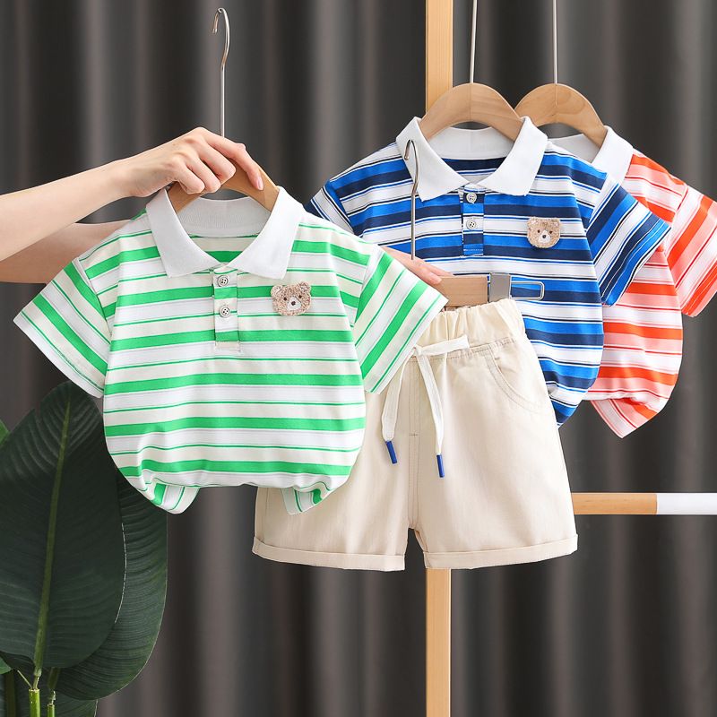 Children's Striped Embroidered Teddy Bear Short Sleeved Set, Trendy 1-4 Year Old New 2024 Summer Boys' Clothing_voghion.com