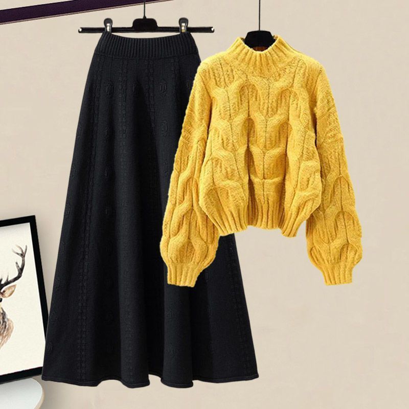 Autumn Winter Outfit Women's Full 2025 New Niche Knitted Sweater Slimming Loose Midi Skirt Two-Piece Set_voghion.com