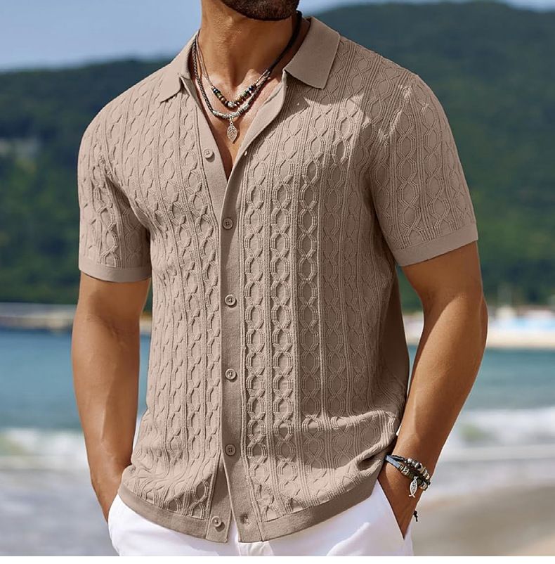 Men's Light Luxury Button-down Leisure Knitted Polo Shirt Popular Retro Solid Color Short Sleeve Chic Fashion Jacquard Knitwear_voghion.com