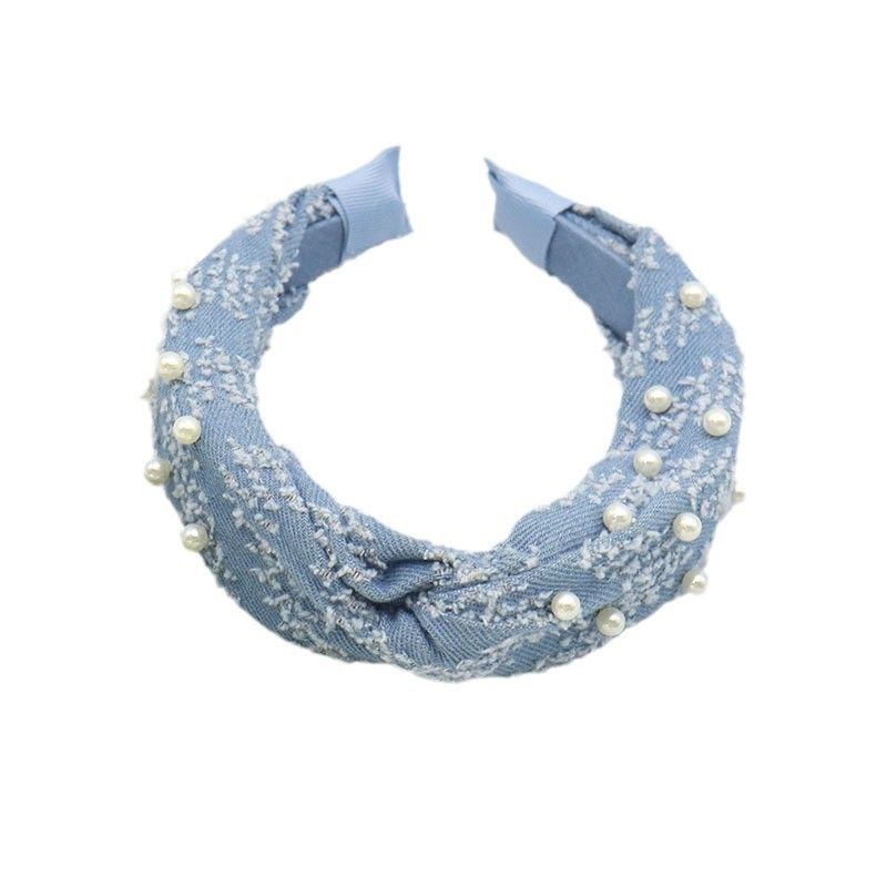 Fascia per capelli in denim blu con nodo largo e perle, alta corona, moda, in saldo, accessori per capelli da esterno_voghion.com