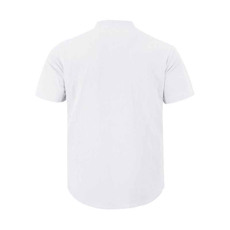 Camicia casual estiva da uomo, ampia, con colletto alto, abbottonata, in lino, a maniche corte, tinta unita, taglie forti_voghion.com