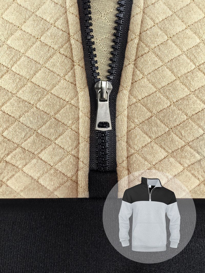 Felpa con cappuccio e zip in maglia a nido d'ape da uomo – Pullover con collo alto e griglia a rombi per esploratori urbani (S-XXXL, 60% poliestere, vestibilità slim, stile retrò)_voghion.com