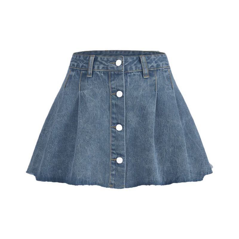 Gonna corta in denim plissettata, dolce, fresca e piccante per donna, che snellisce la vita, in stile college_voghion.com