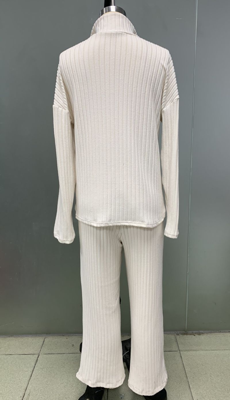 New Women's Solid Color Zipper Knitted Suit High Collar Ribbed Two-piece Suit_voghion.com