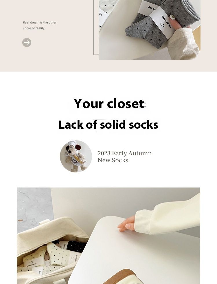 Chaussettes mi-tubes respirantes en pur coton à pois à bords roulés et crème tendance pour l'automne et l'hiver_voghion.com