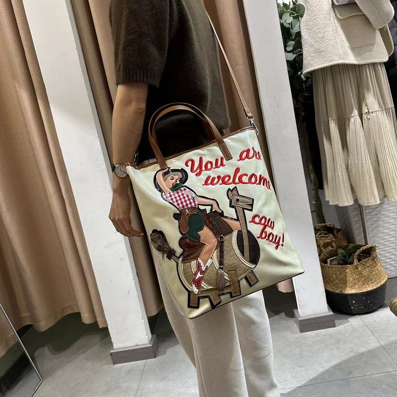 Bolsos de mujer, bolso de mano de lona de gran capacidad con bordado de dibujos animados, bolso bandolera versátil_voghion.com