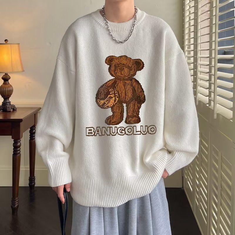 Neuer, personalisierter, trendiger Teddybär-Pullover im Retro-Stil für Männer, Herbst und Winter, locker sitzender Strickpullover für Paare_voghion.com