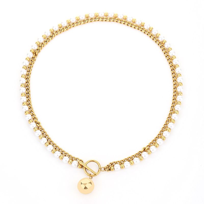 Gute New Trend Cuban Pearl Double Layer Necklace Bracelet Heart Ring Earrings Titanium Steel Non-Fading Set_voghion.com