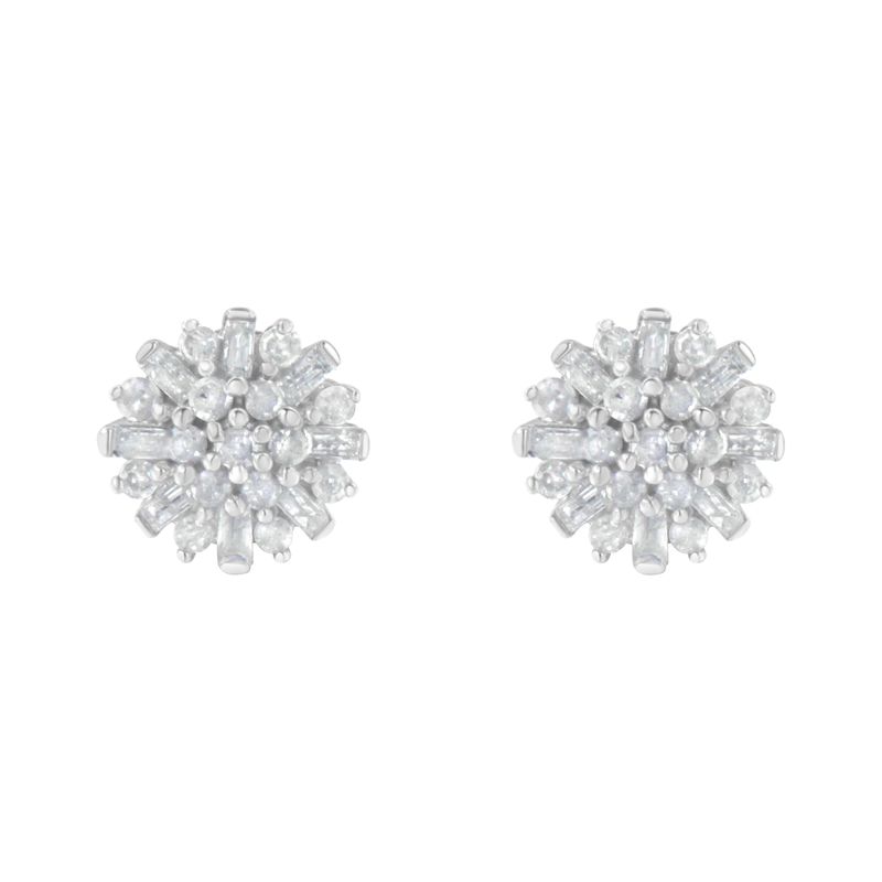 .925 Sterling Silver 1/2 Round and Baguette Diamond Sunburst Floral Cluster Stud Earrings (I-J Color, I3 Clarity)_voghion.com