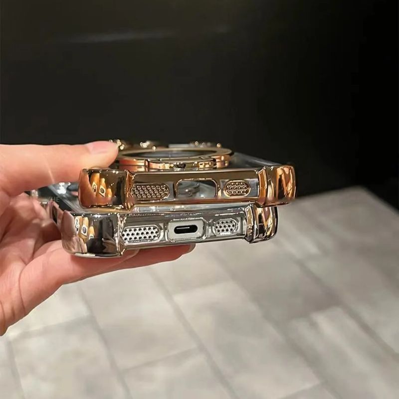 Galwanizowane etui magnetyczne z podstawką do iPhone'a 16 Pro Max/15 Pro - 4-rogowa, odporna na wstrząsy przezroczysta obudowa ze wbudowaną podstawką_voghion.com