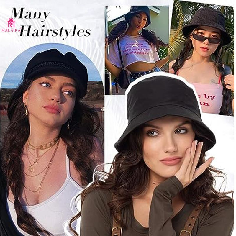 Hat Wig for Women Synthetic Long Water Wave Bucket Hat Wig with Hair Extensions Attached for Women Girl_voghion.com