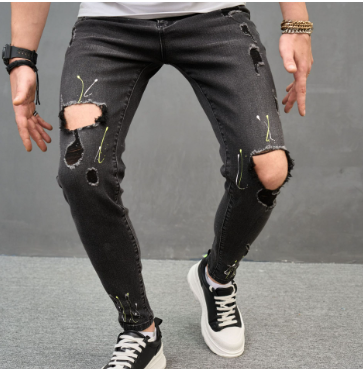 Men's Ripped Patch Jeans Stretch Pants_voghion.com