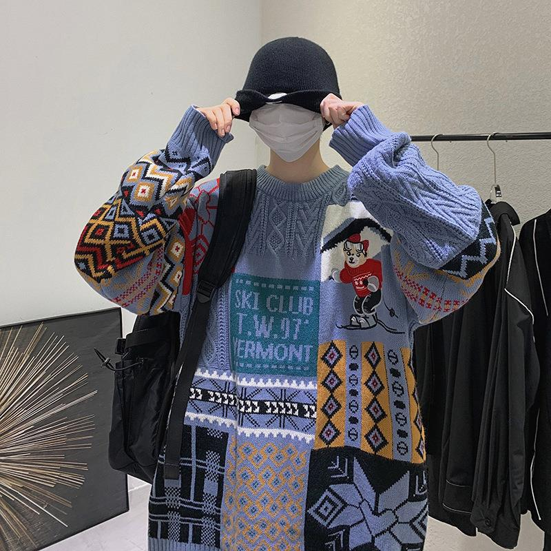 Men's Clothing Christmas Retro Sweater Round Neck Lazy Style Loose Autumn And Winter Wear Knitted Clothes_voghion.com