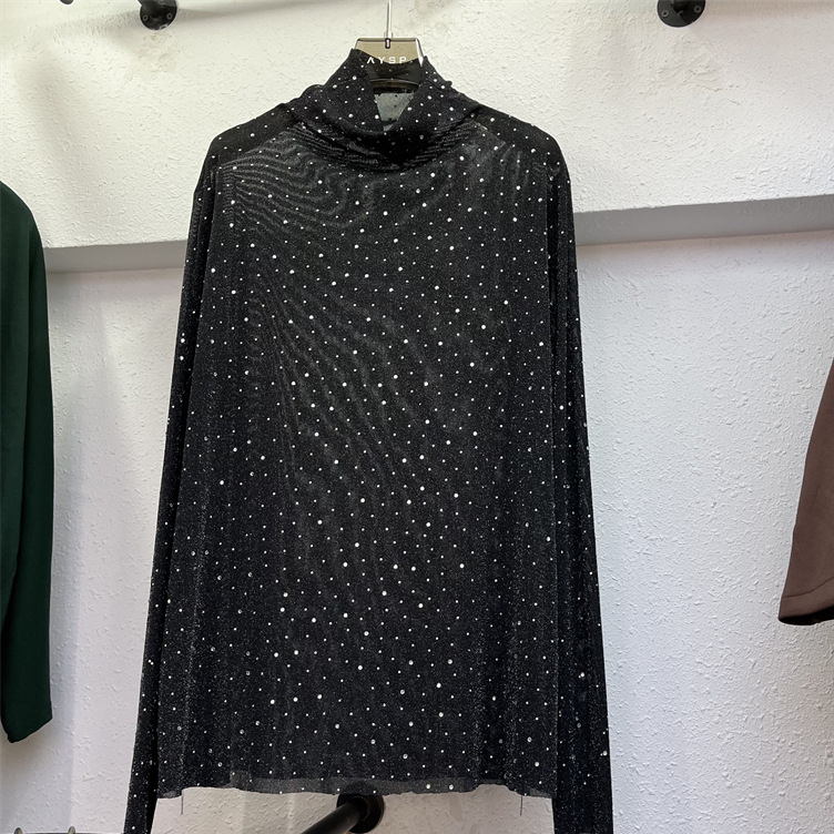 T-shirt femme, nouveau style automne-hiver, plein d'étoiles, maille diamant, manches longues, col pile, coupe ajustée_voghion.com