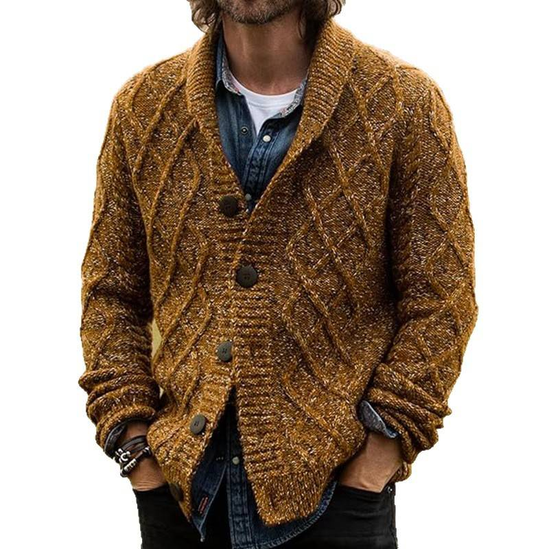 Men's Diamond Pattern Knit Cardigan – Retro Wool-Blend Sweater, Autumn & Winter Layering Essential (M-3XL, Brown)_voghion.com