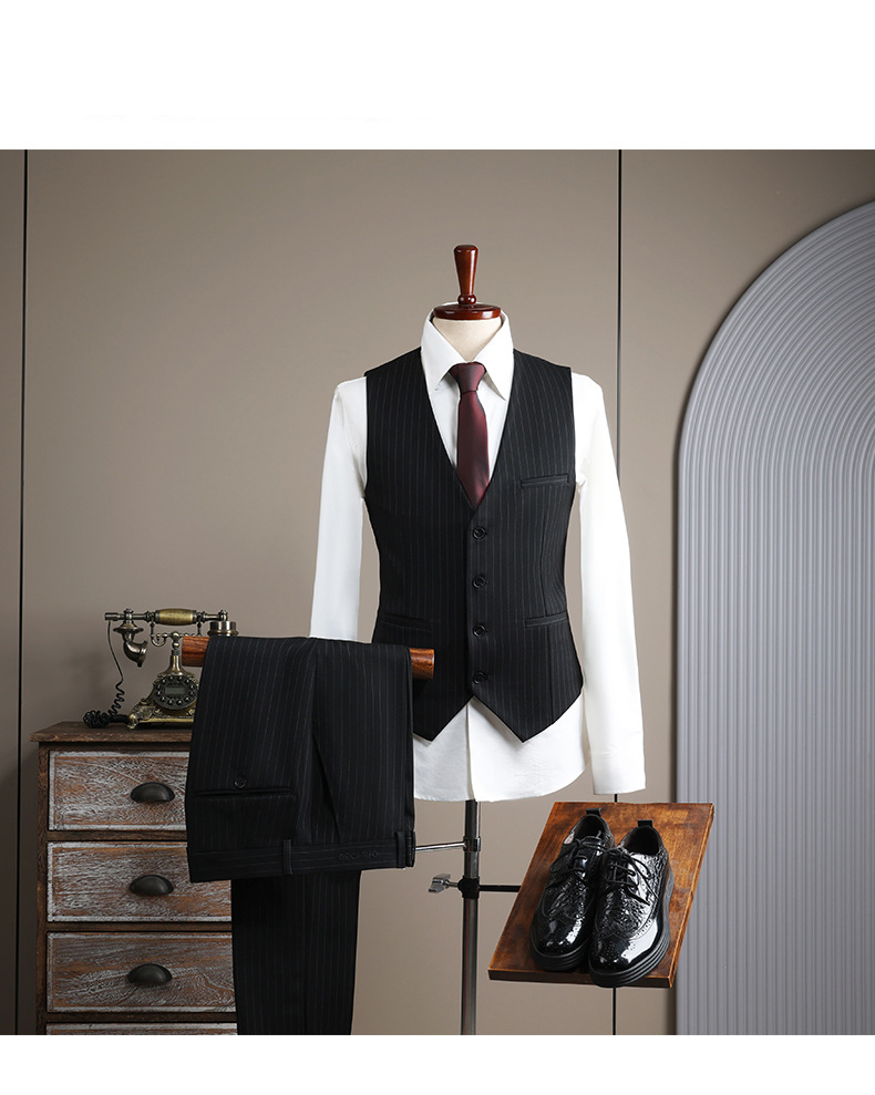 Herrenbekleidung, gestreifter Anzug, schmale Passform, zweireihig, gestreiftes Anzugset – formell und leger, Hochzeit, Business-Blazer mit Hose und Weste zur Auswahl_voghion.com