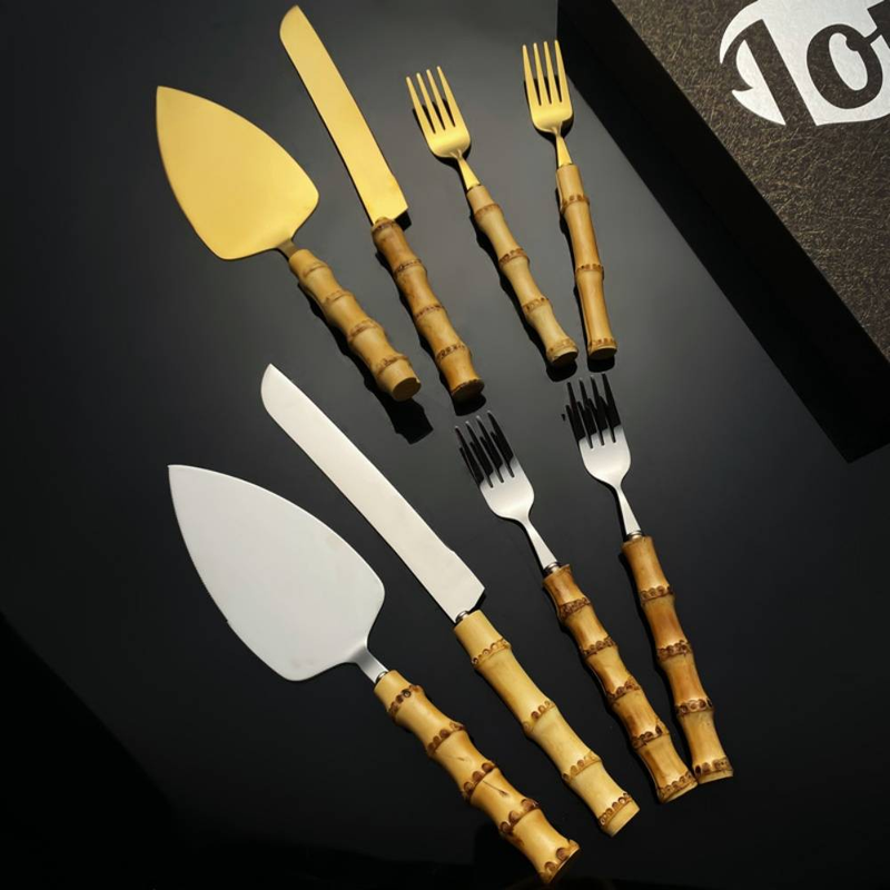 Couverts en bambou naturel, ensemble de 4 pièces, en acier inoxydable 18/10 de qualité alimentaire, couverts en argenterie, ensemble de découpe pour gâteau de mariage, pelle, couteau, fourchette_voghion.com