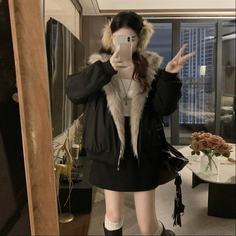 Vintage-Inspired Hooded Work Jacket For Women - Fleece-Lined Winter Coat With Cozy Faux Fur Trim, Warm & Stylish (Pink/Yellow)_voghion.com