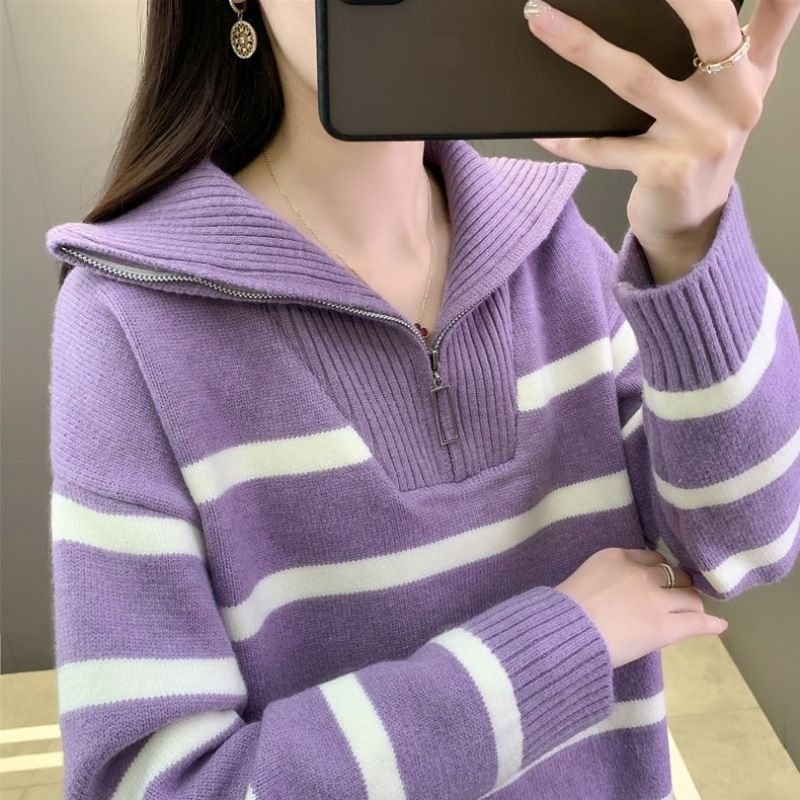 Damenbekleidung, gestreifter Strickpullover mit Reißverschlusskragen, locker sitzender Langarmpullover, lässiges Herbst- und Winteroberteil_voghion.com