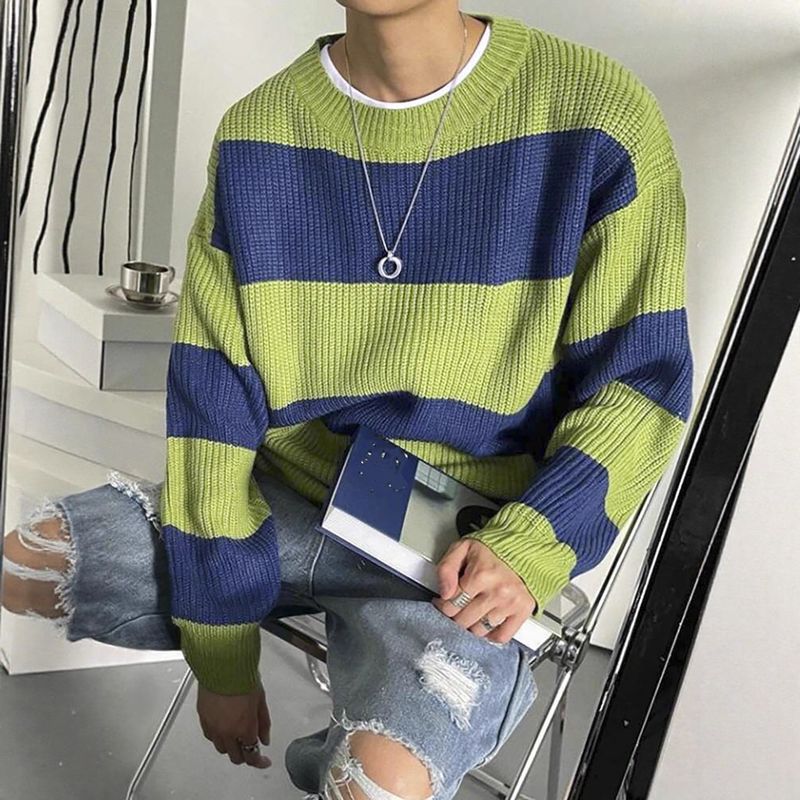 Men's Relaxed Fit Striped Sweater – Oversized Crewneck Knit Pullover With Colorblock Design, Machine Washable & Stretch Comfort_voghion.com